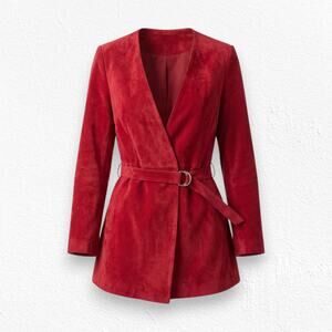 Zara Red Faux Suede Deep V Neck Long Sleeve Wrap Style Romper Size Small